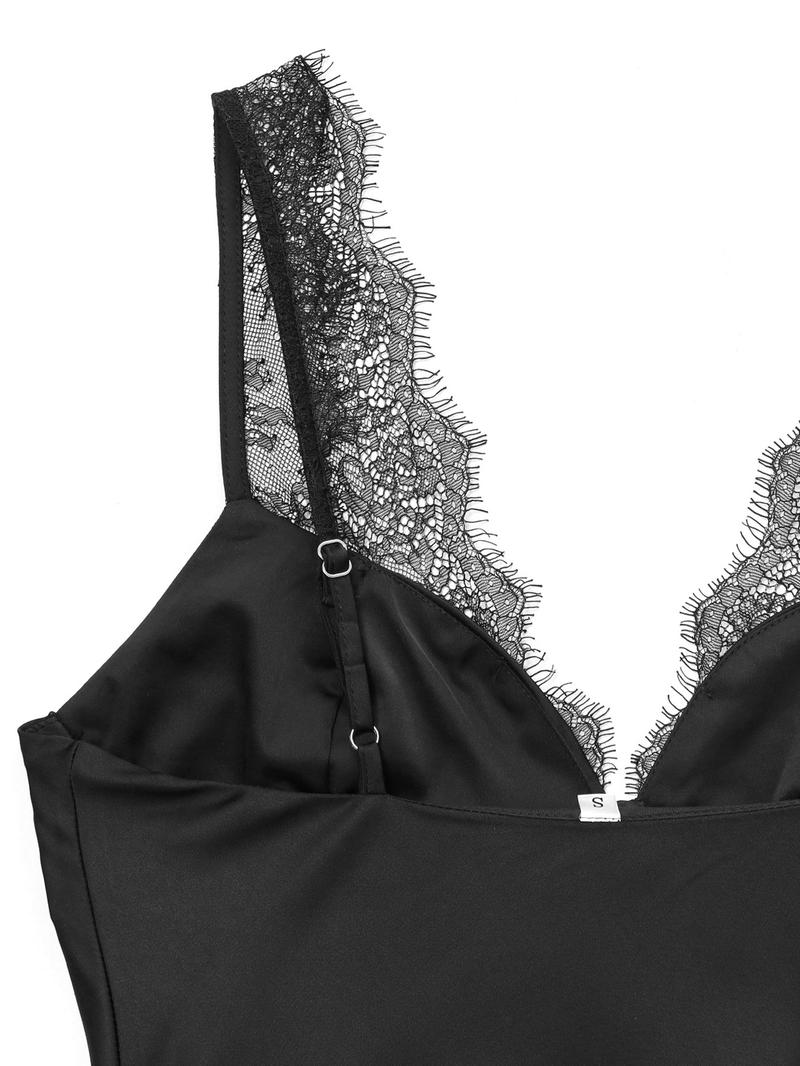 Women's Lace Satin Deep V Neck Tank Top, Slim Fit Sleeveless Design, Fashionable and Comfortable, Elegant Lace Details, Casual Sleeveless Cami