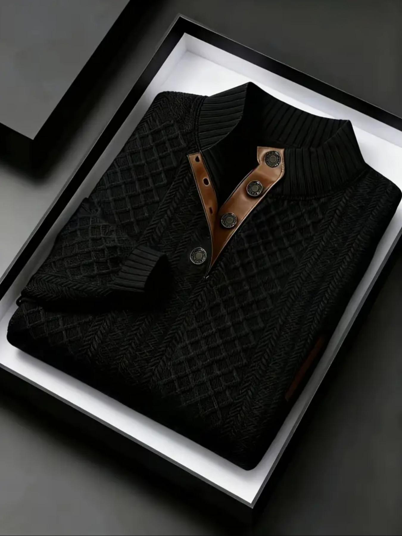 Men's Casual Sweater, Leather Patchwork Stand Collar Button Design Elbow Patches, Warm Sweatshirt for Fall & Winter Seasons