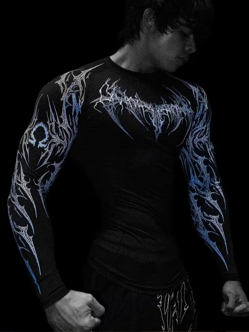 Men's Professional Sports Quick-Dry Fitness Shirt, Gothic Print Long Sleeve, High Elasticity, Round Neck, Moisture-Wicking, Running, Training, Daily Wear, Athletic Top Men's Professional Sports Quick-Dry Fitness Shirt, Gothic Print Long Sleeve, High Elasticity, Round Neck, Moisture-Wicking, Running, Training, Daily Wear, Athletic Top