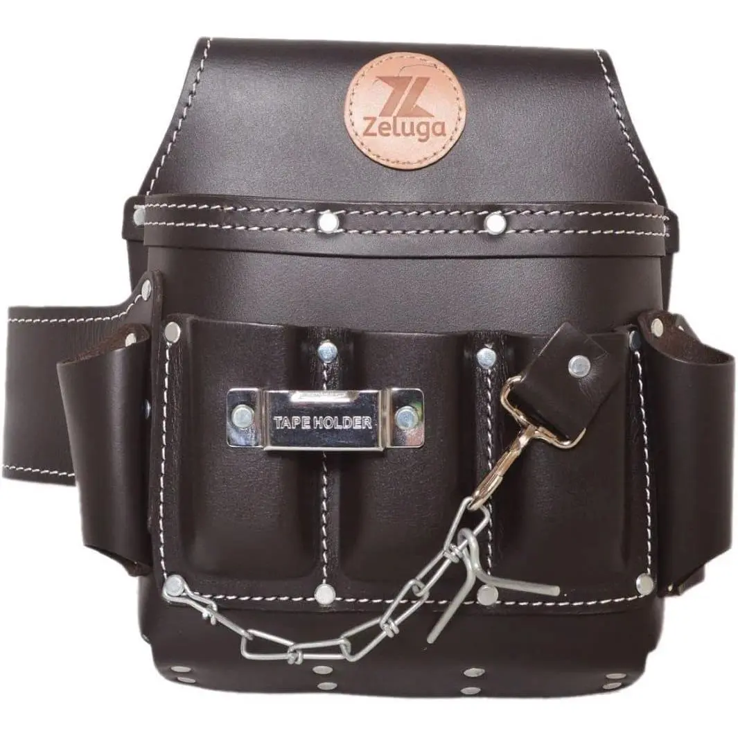 Heavy-Duty Leather Tool Pouch Organizer for Electricians - 6-Pocket Tool Storage Bag with Belt Tunnel, Stitched Rivets, Knife Snap, Tape Chain Thong