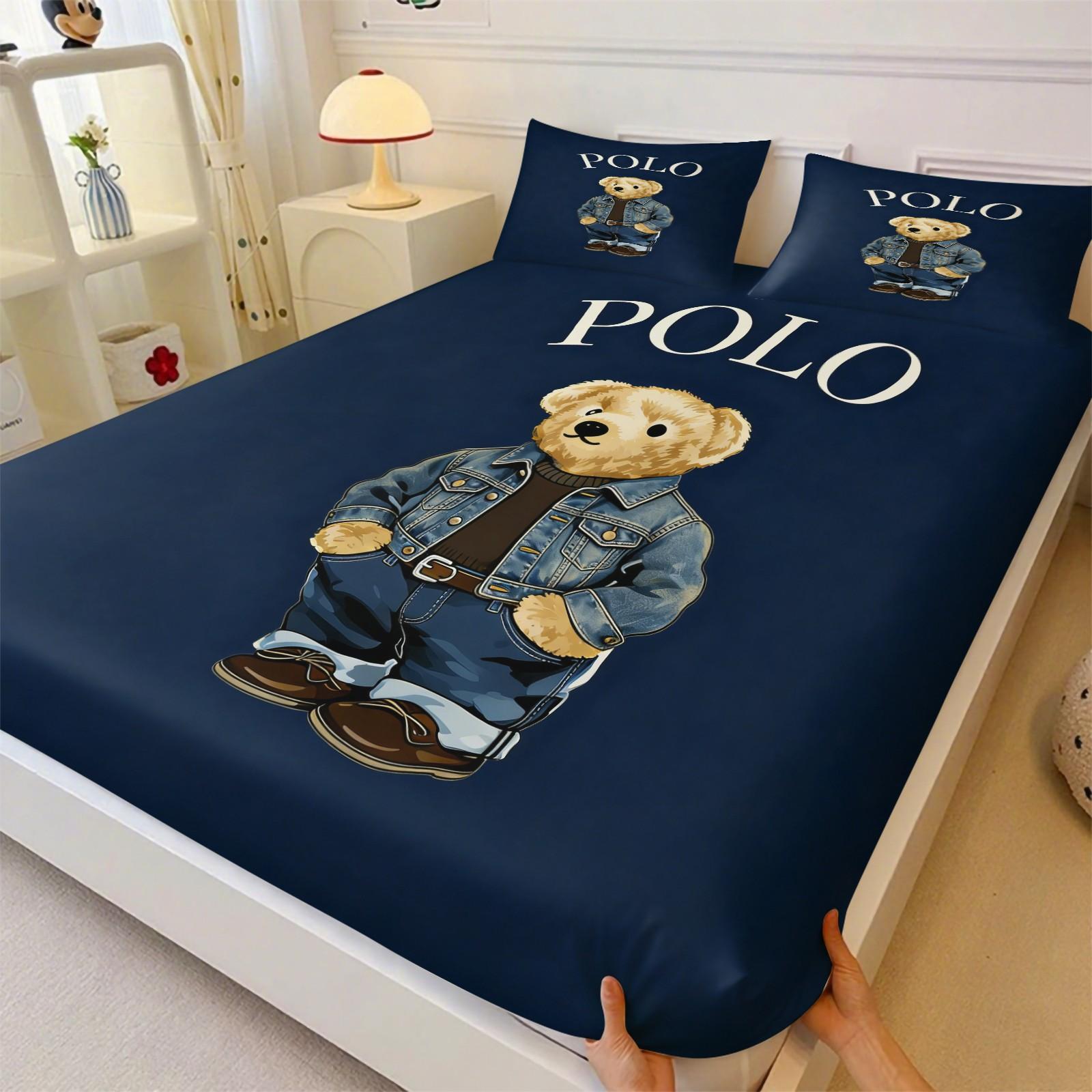 Teddy Bear Pattern Bed Sheet, Comfortable Printed Pattern, Includes 1 Bed Sheet and 2 Pillowcases, Comfortable Bedding, Non slip Dust Cover Suitable for Bedroom and Guest Room, Suitable as a Gift for Children or Adults