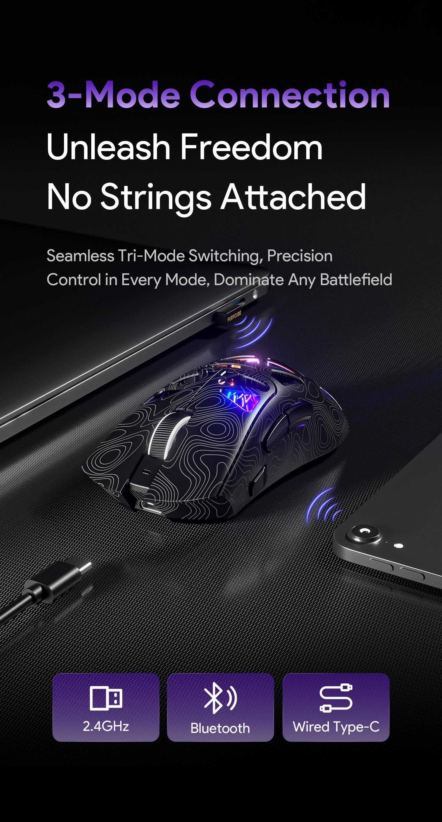 FURYCUBE G11 Tri-Mode Gaming Mouse 2.4G Bluetooth Wired Rechargeable RGB Lighting Optical Sensor for Gaming & Office Accessories