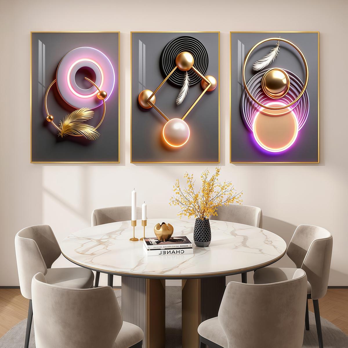 3 Counts Aluminum Alloy Framed Painting, Modern Geometric Feather Art Pictures, Home Decoration For Living Room, Bedroom, Office, Restaurant, Hallway Wall Decor, Odorless Print Artwork, Luxury Perfect Gift For Friends And Family