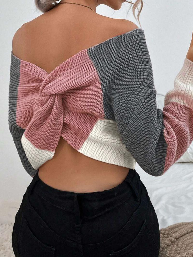 Elegant Off-Shoulder Colorblock Knit Sweater Top, Casual V Neck Twist Design, Spring & Fall Fashion, Fitted Medium Fabric, Knitwear