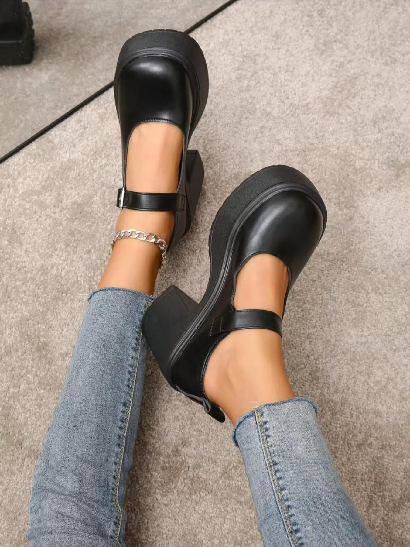 Women's Solid Color Round Toe Platform Chunky Heel Shoes, Classic Casual Comfortable Buckle Pu Leather Mary Jane Shoes for Daily Wear, Lightweight Breathable Shoes for Daily Wear, Students and Outdoor