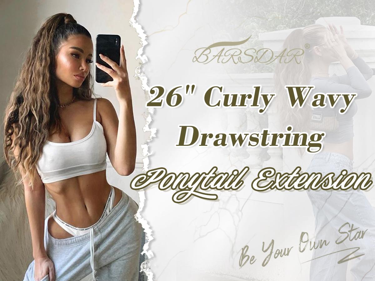 BARSDAR Ponytail Extensions - 26 Inch Drawstring Ponytail Hair Extensions for Women - Long Curly Wavy Synthetic Clip in Fake Pony Tails Hairpieces