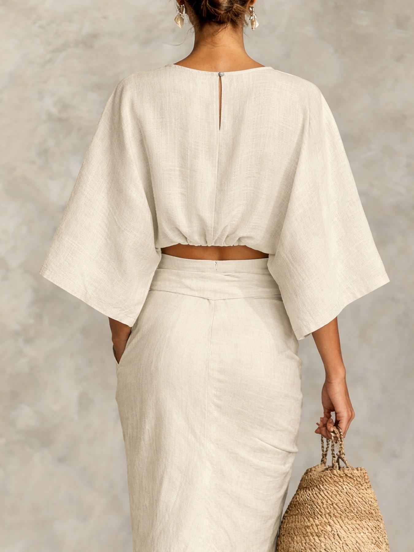 Women's Stylish Loose-Fitting Casual Two-Piece Set, Spring & Fall Comfortable Long Skirt with Waist Definition and Pocket one pocket..