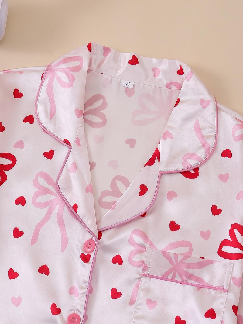 Valentine's Day Butterfly Heart Print Sleepwear Set, 2-Piece Women's Pajamas, Button Front Short Sleeve Top and Elastic Shorts