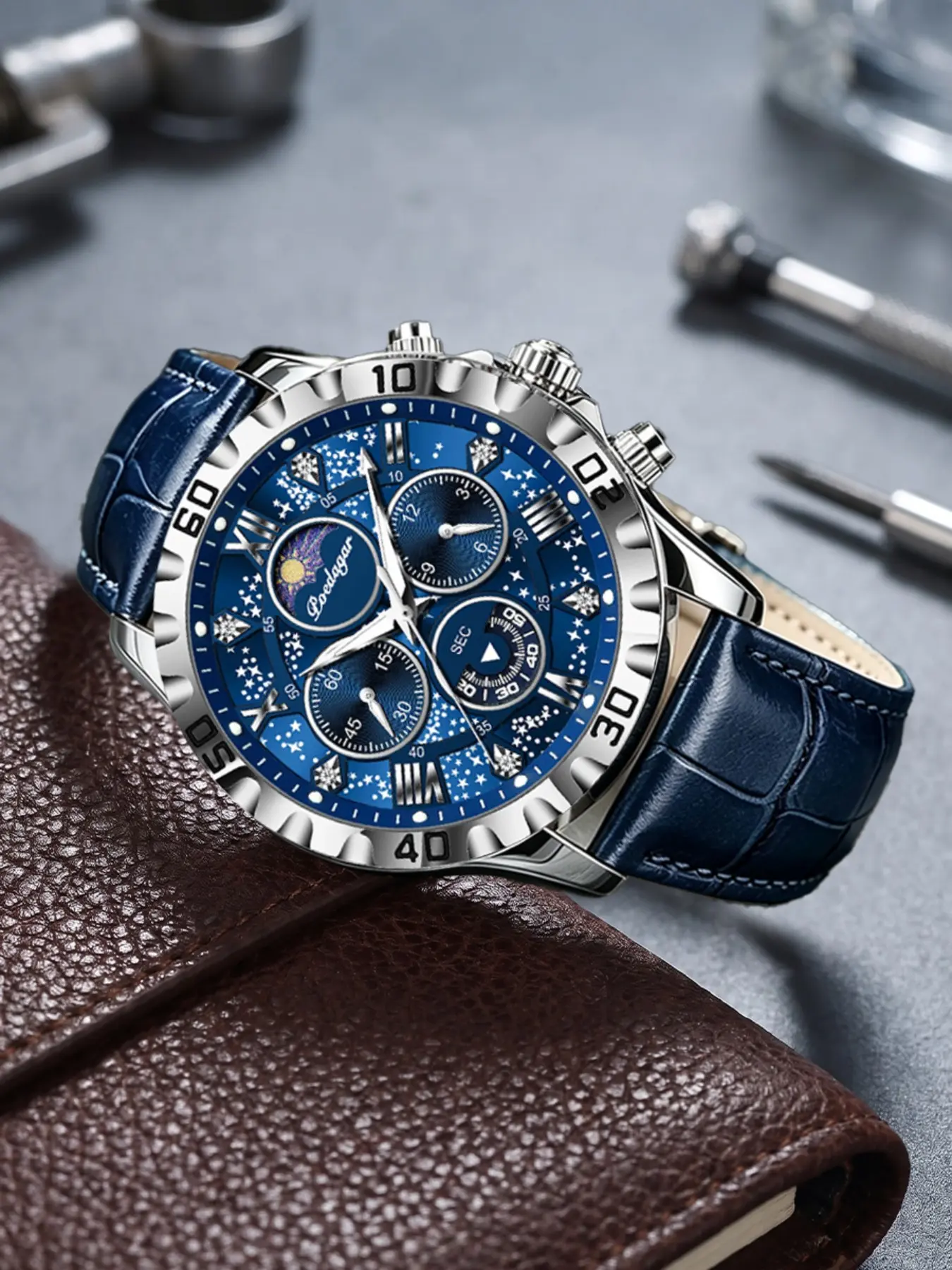 POEDAGAR luxury leisure multifunctional quartz leather men's watch, Quartz Analog Wristwatch, waterproof timing men's quartz watch suitable for daily wear and outdoor activities men's fashion sports watch
