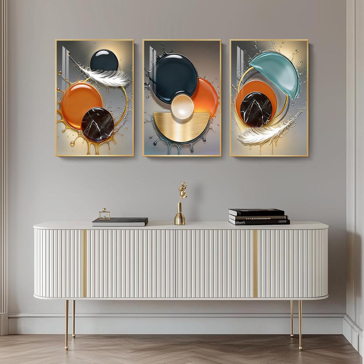 3 Counts Aluminum Alloy Framed Painting, Abstract Color Liquid Splash And Feather Art, Home Decoration For Living Room, Bedroom, Office, Restaurant, Hallway Wall Decor, Odorless Print Artwork, Luxury Perfect Gift For Friends And Family