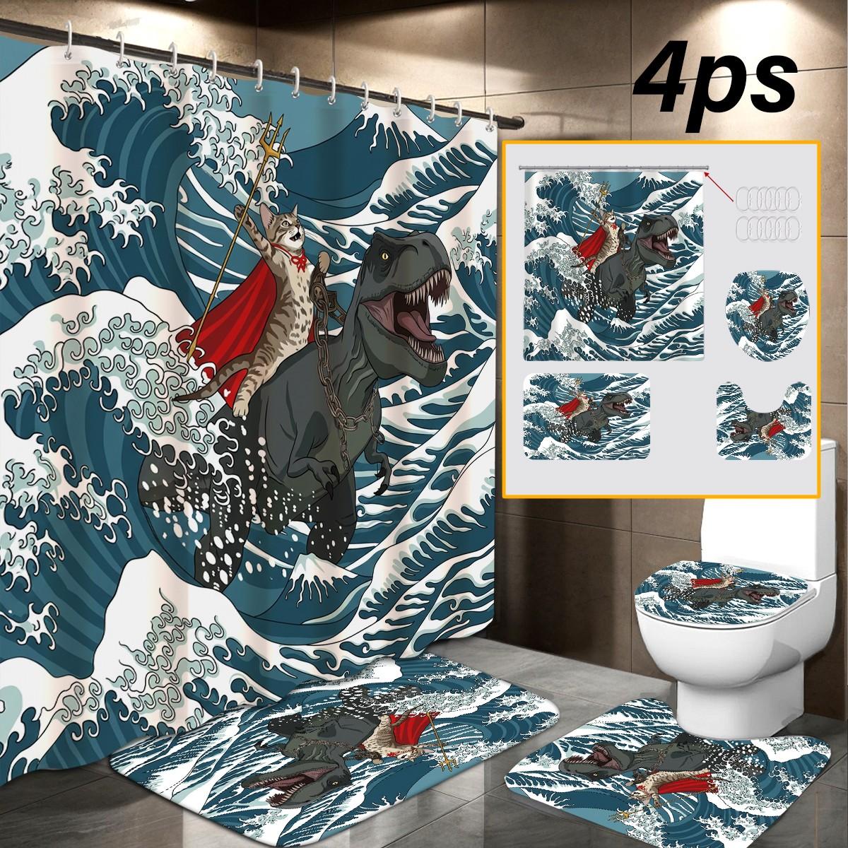 Funny Cat Dinosaur Shower Curtain, Ukiyo-e Japanese Wave with Super Cat Riding Tyrannosaurus, 72" x 72" Durable Mildew Resistant Bath Curtain Set