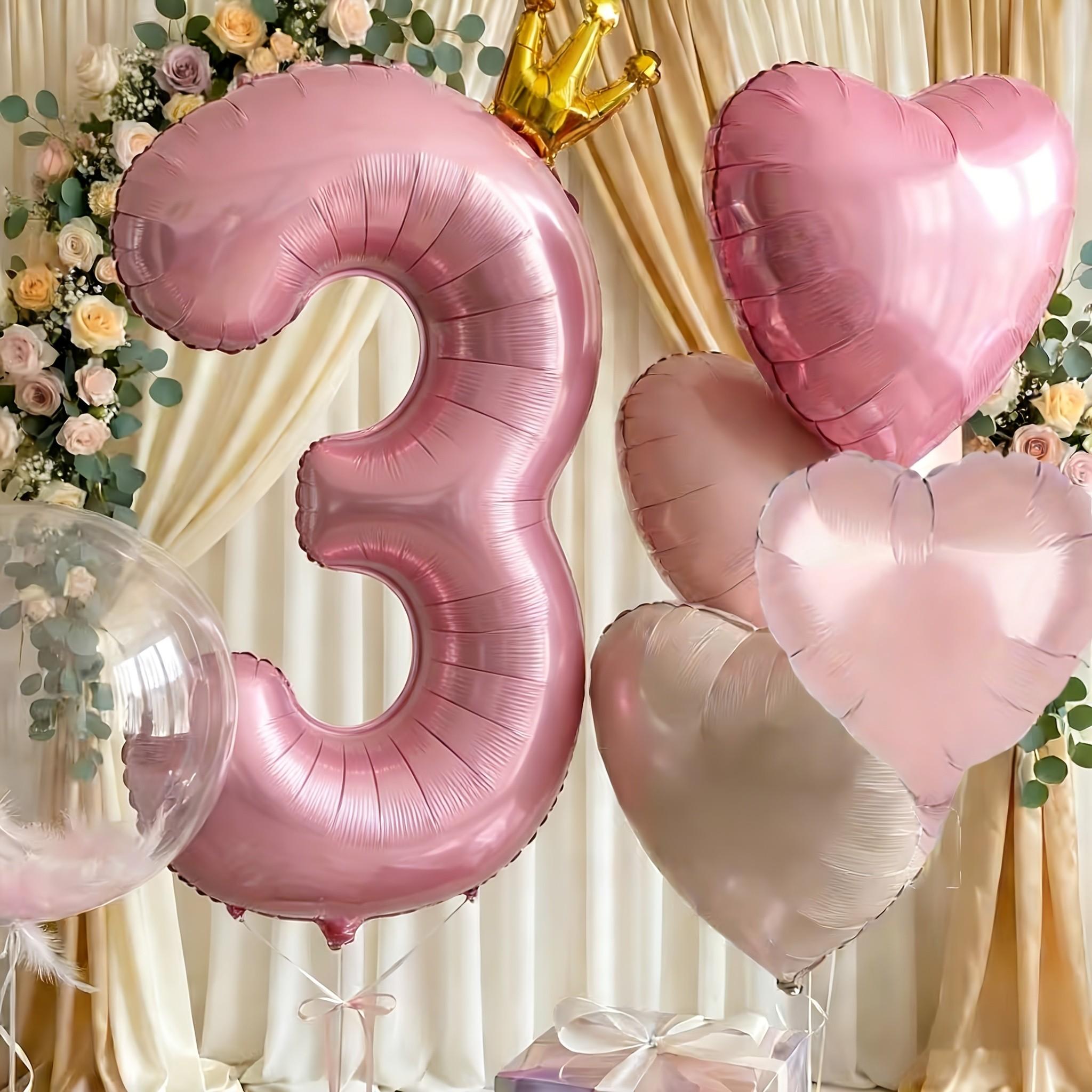 Pink number and heart-shaped balloon set, Birthday decorations, including balloons 1-9 with bow decoration and heart-shaped balloons - suitable for birthday parties, weddings, Valentine's Day decoration - pink party supplies