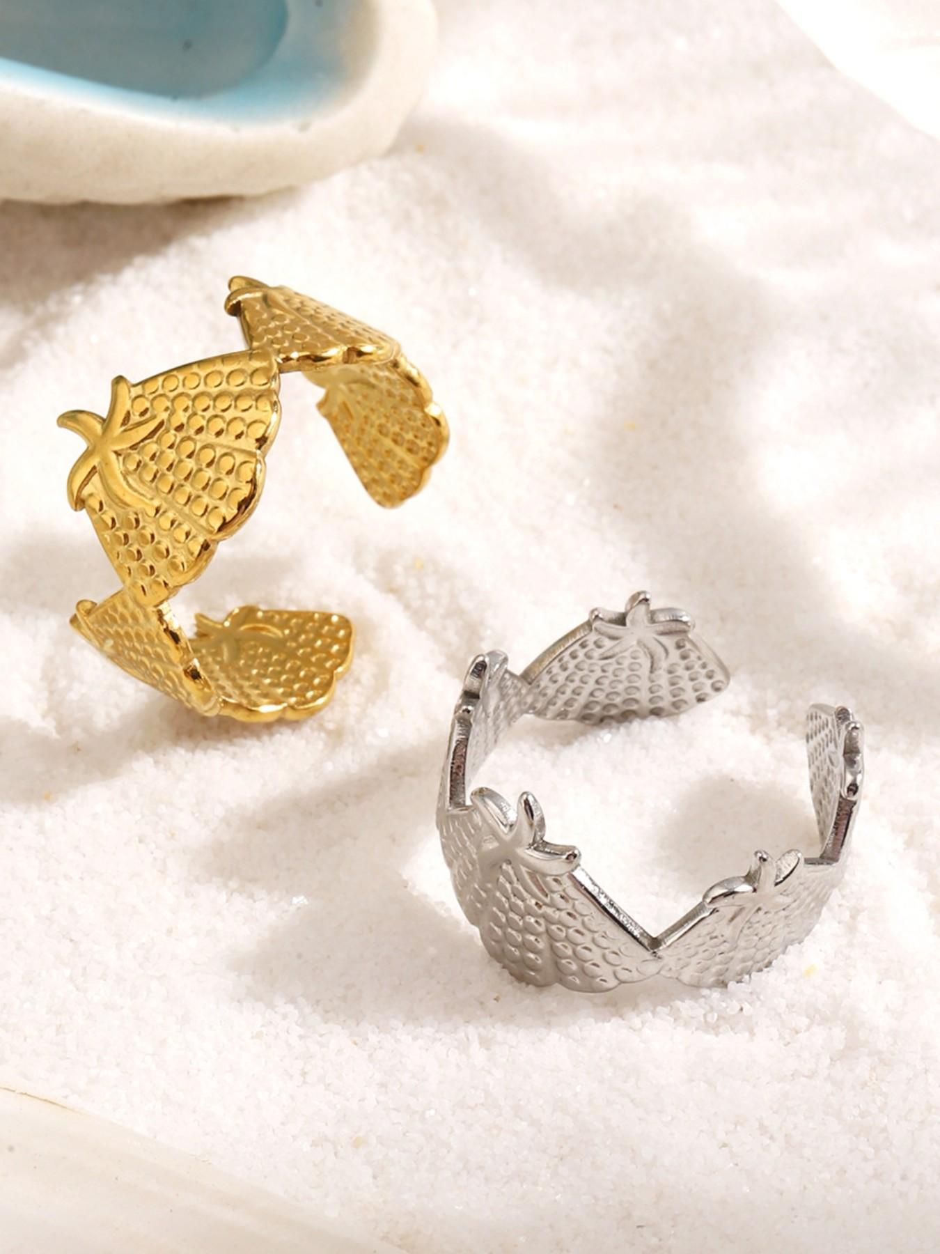 Tropical Starfish Shell Open Ring, Silver Color &, Waterproof Stainless Steel, Adjustable Size, Bohemian Beach Jewelry