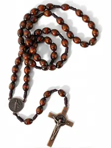 1pc Wooden Rosary Beads Necklace, Catholic Prayer Rosary with Crucifix & Saint Benedict Medal, Handmade Knotted Rosary, Religious Jewelry, for Men Women, Prayer, Church, Gift Idea, Viral TikTok Faith Necklace, Dainty Cross Necklace