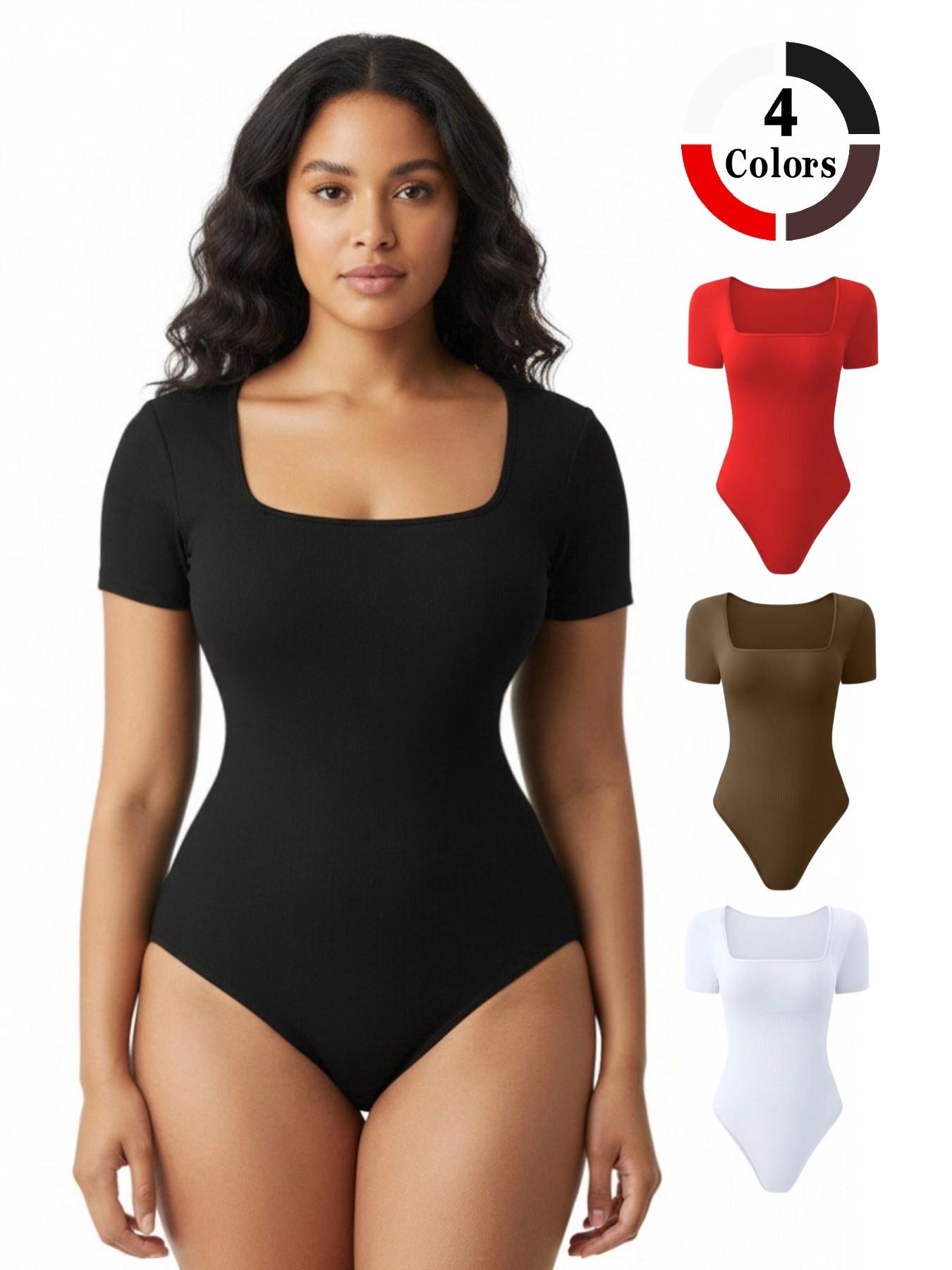 Women's Square Neck Short Sleeve Bodysuit, Seamless Waist Cinch Slim Fit Inner Top, Basic Hot Girl Underwear T-Shirt
