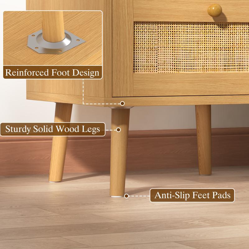 Rattan Nightstand with Charging Station, Rattan Boho End Table with 2 Drawers Bedroom Bedside Side Tables Natural Night Stand for Living Room,Bedroom,Dorm Room Essentials