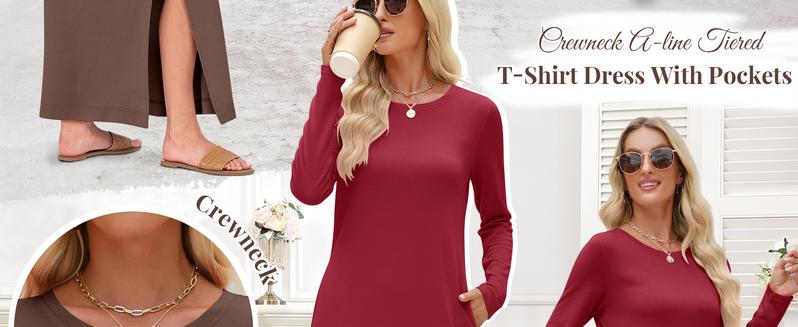 ANRABESS Women Long Sleeve Dresses 2025 Fall Casual Crewneck Loose Fit Split Flowy Wrinkle-Free Travel Vacation Maxi Dress