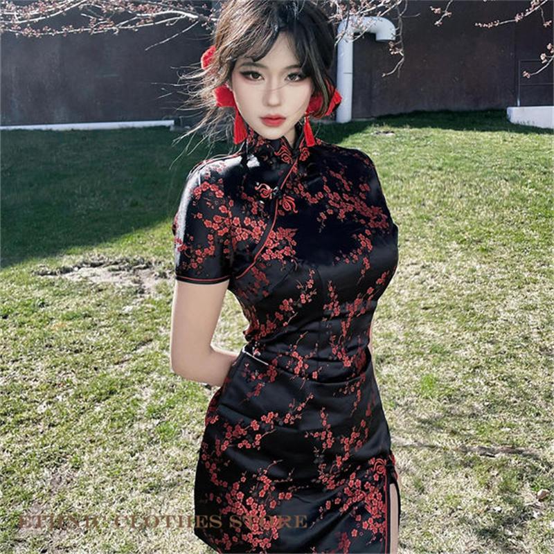 Classic Chinese Style Dress Female Qipao Sexy Short Sleeve Mini Cheongsam Elegant Jacquard Flower Traditional Clothing   Qipao