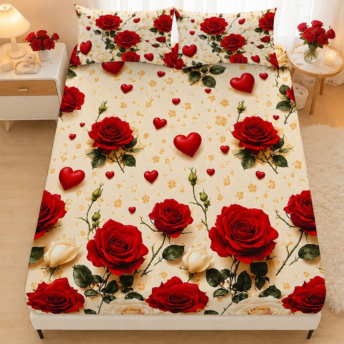 3pcs Three-piece fitted sheet set with red rose and heart floral print. Includes one fitted sheet and two pillowcases (pillow inserts not included). Soft, comfortable, and breathable. Available in multiple sizes. Suitable for master bedrooms, guest rooms