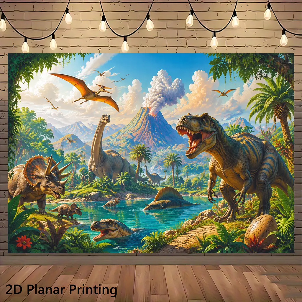 2D flat, single-piece dinosaur wall banner, prehistoric jungle background decoration, suitable for rooms, parties, and photo backdrops, no electricity required, ideal for themed events