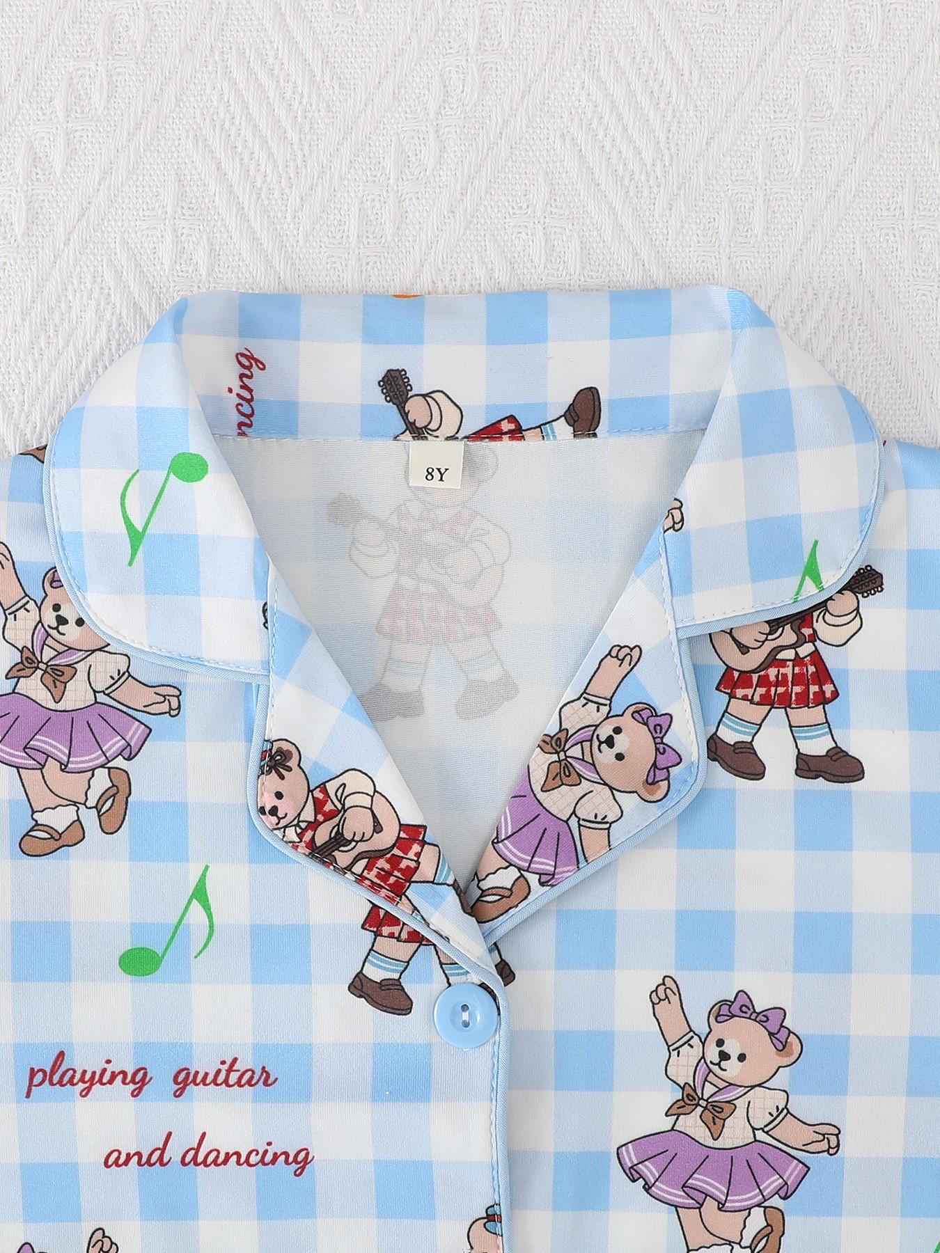 2-Piece Kids' Fire-Resistant Pajama Set, Short Sleeve Button Front Top & Shorts, Cartoon Bear Pattern, All Seasons, Boys & Girls