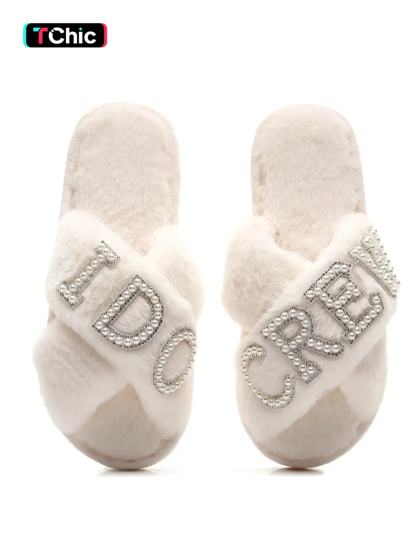 Pearl Rhinestone Letter IDOCREW Slide Slippers, Women, Foam Slides, Comfortable Criss Cross Design, Memory Foam, Open Toe, Perfect Wedding Gift for Bridesmaids, Footwear