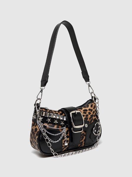 Women's PU Leather Shoulder Bag, Vintage Leopard Print Colorblock Crescent Clutch, Y2K Style Chain Decorated, Leopard Pocket