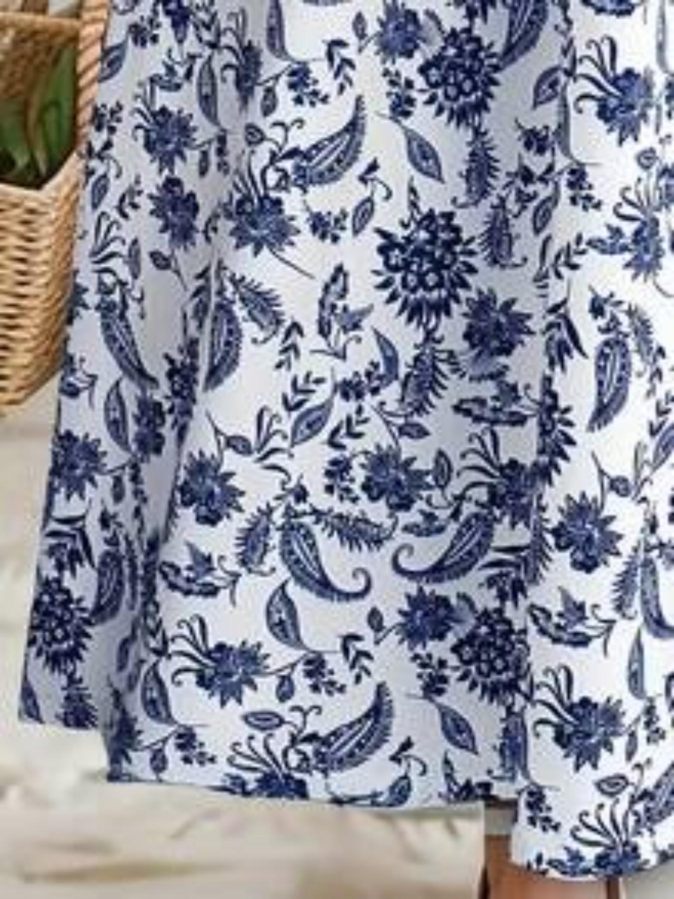 Boho Bohemian Style Paisley Full Print Short Sleeve Midi Dress, Girls' Holiday Casual Dress, Summer Gift, Fitted Leaf Pattern Dress