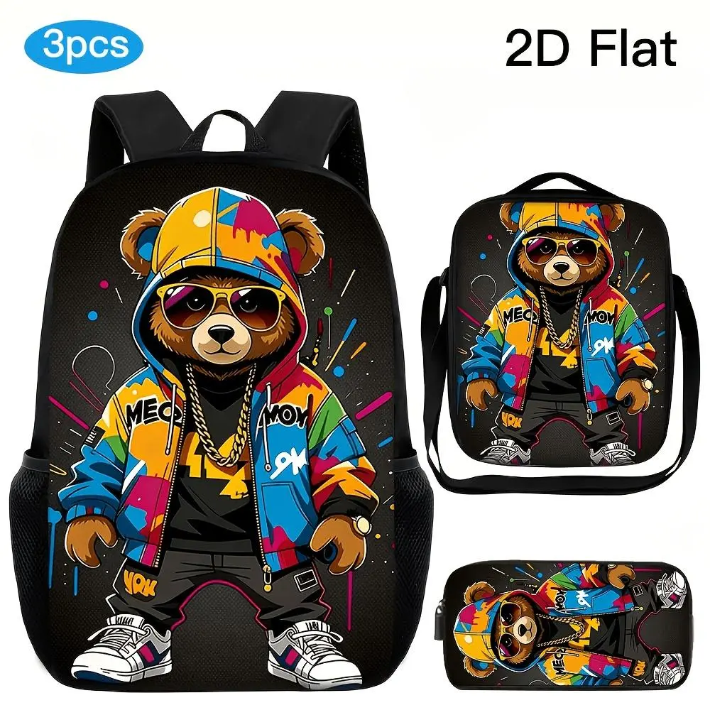 Unisex 3-Piece Large-Capacity Streetwear Backpack Set Pack - Cool Bear 2D Print, Adjustable Strap, Zipper Closure, Includes Backpack, Messenger Bag, Pencil Case, Back-to-School Essential