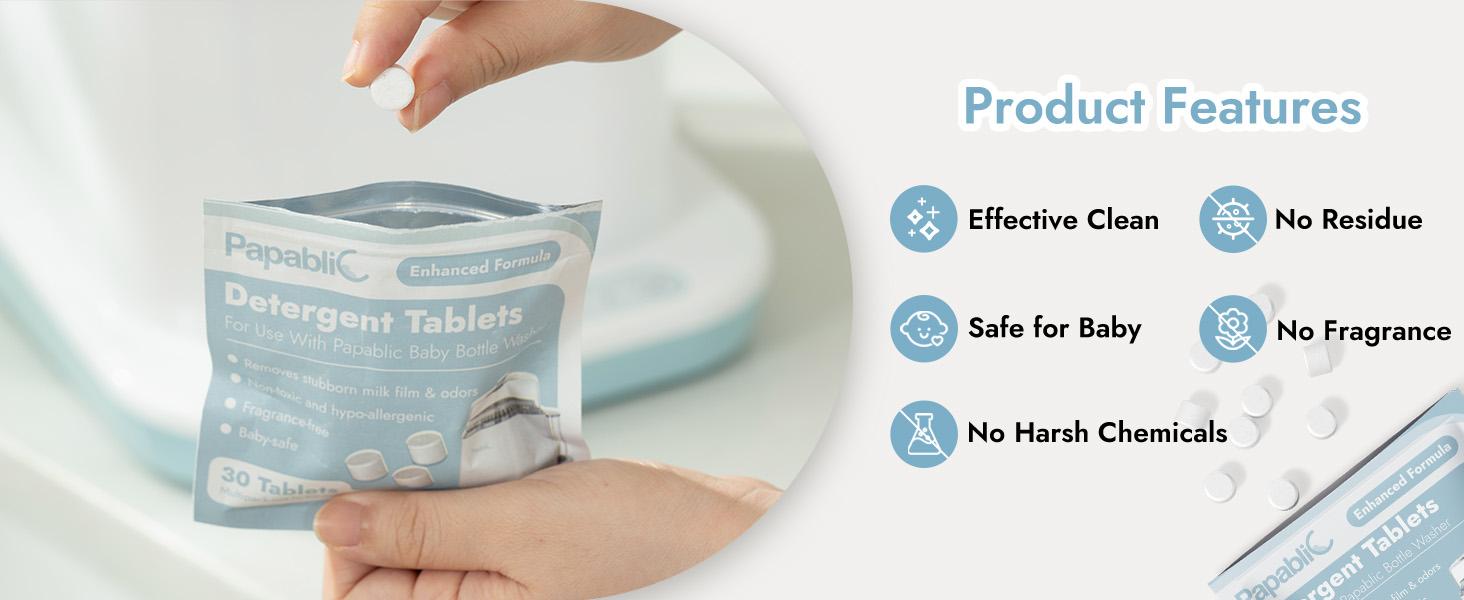 Papablic 120Pcs Baby Bottle Washing Tablets for Momcozy, GROWSY, Baby Brezza, Ultra Concentrated Safe Formula Detergent Soap Tablets Compatible with All Brands - Milk Residue