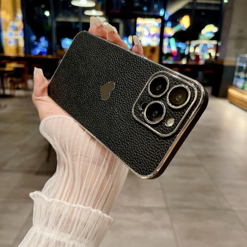 Luxury Solid Color Leather Plating Border Love Logo Phone Case For iPhone 16 Pro Max 14 11 12 13 15 Pro Max Bumper Back Cover
