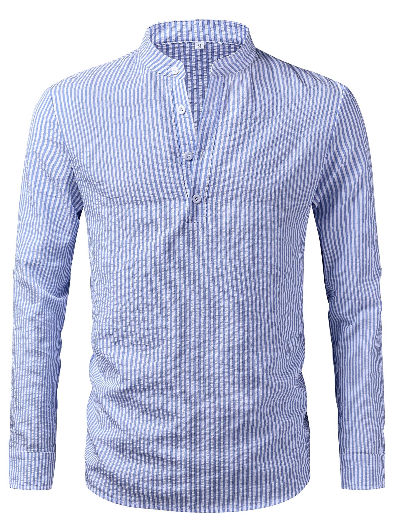 Men's Textured Random Print Blue Striped Open Collar Small Stand Collar Long Sleeve Casual Shirt Henry Style