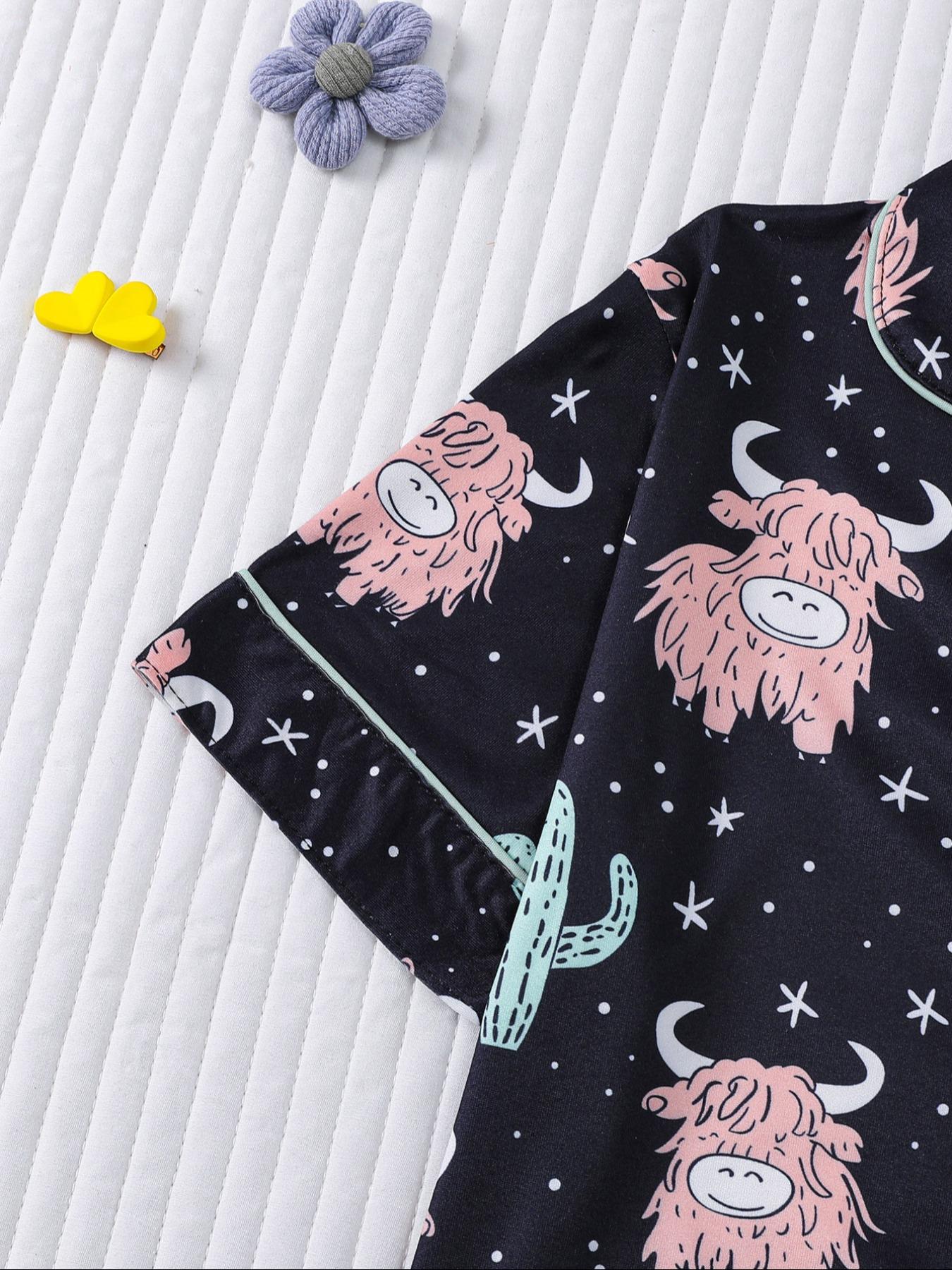 Children's pajamas 2 sets of cute little yak printed children's pajamas for girls and boys, new for summer 202, flame retardant, thin short-sleeved shorts 2 sets of pajamas for children can be worn outside as home clothes 2 sets of Print Sleepwear