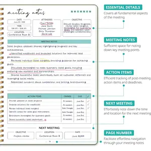 Meeting Notebook for Work Organization - Work notebook with action items, Meeting Minutes Planner Notebook, Perfect Office Supplies for Men & Women - Green