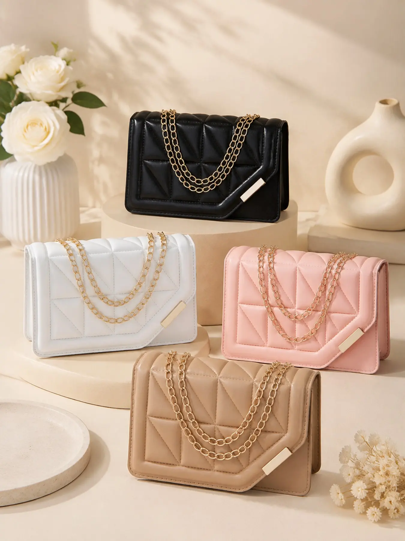 Women’s Quilted Crossbody Bag Triangle Embroidered Mini Shoulder Purse with Chain Strap, Sparkle Detail Small Handbag Fashion Evening Bag