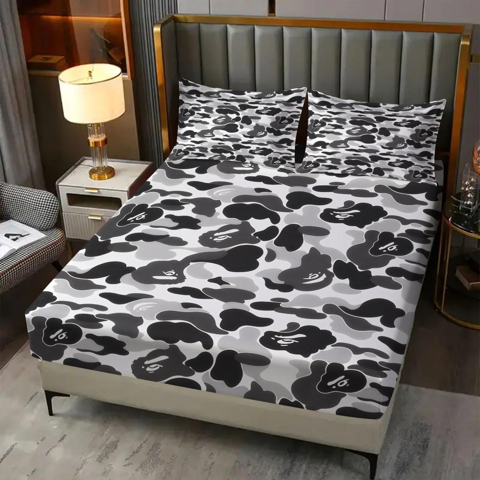 Black-White Camouflage Fitted Sheet Set & 2 Pillowcases No Core, Low-Saturation Camo & Iconic Ape Head Logo, Soft Anti-Slip Wrinkle Resistant, Industrial Hip Hop Style Bedroom Decor, Gift for Fans