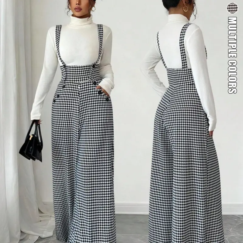 Women's Knitted Plaid Print Houndstooth Wide Leg Pants, Front Pocket Button Design, Fashionable Elegant Casual Daily Commuter Overalls, Fall Winter, Womenswear