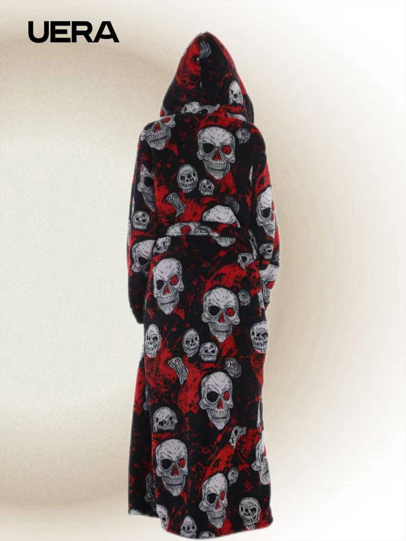 Skull Christmas Series Hooded Bathrobe, Elegant Casual Home Sleepwear, with Pockets, Long Sleeve, Fall & Winter Gift