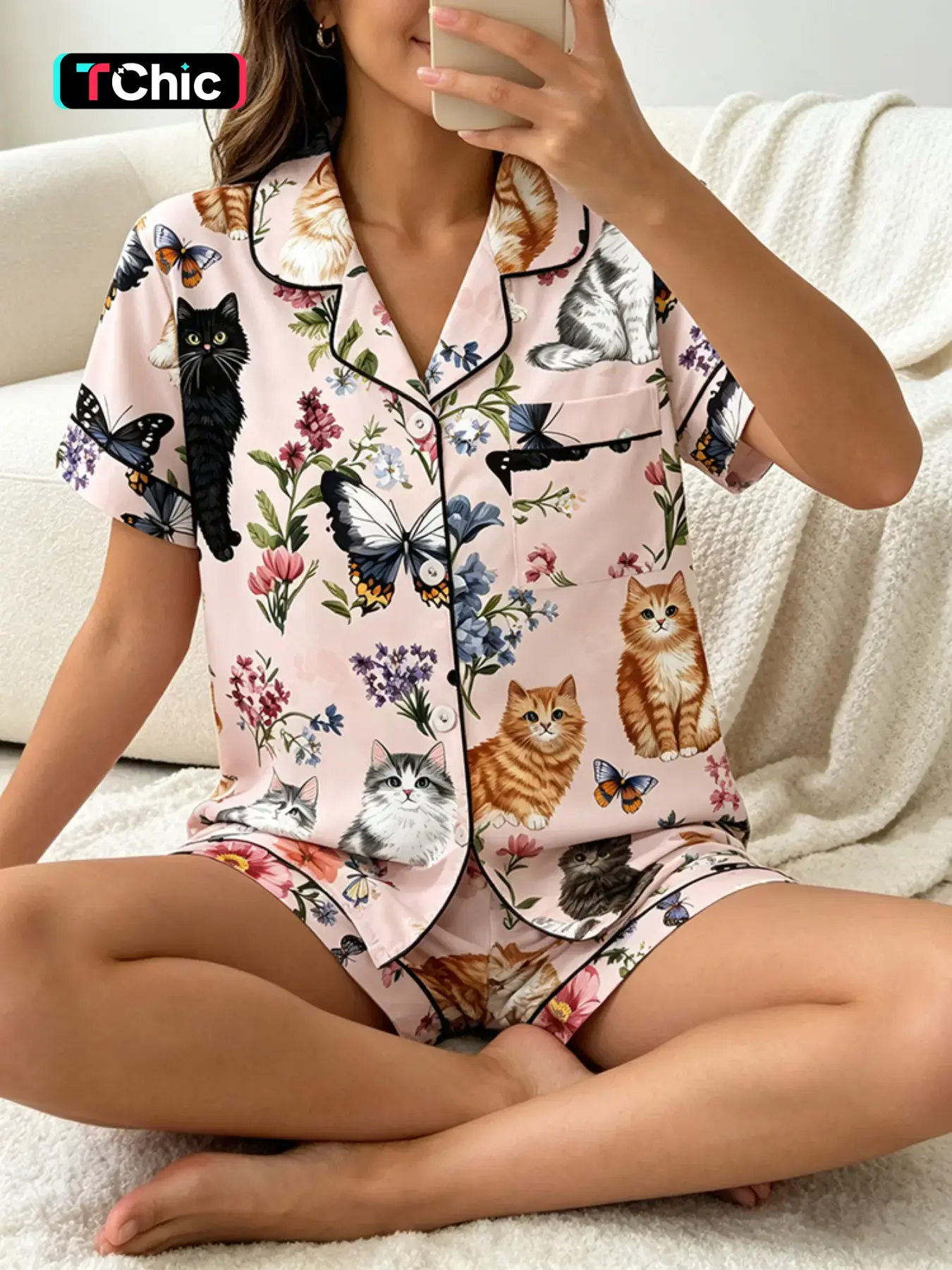 Women's Short Sleeve Button Down Top and Shorts Pajama Set, Spring Summer Wear, For Cat Lovers, Light Pink Base All Over Print Cat Butterfly Floral Flower Print, Classic Lapel Collar, Loose Fit, Comfortable For Home & Pet Time Pjs, Collared Pajamas