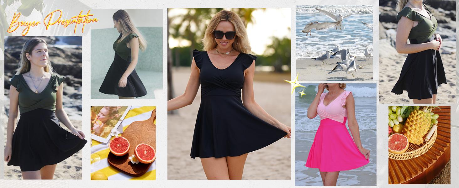 【S-2XL】Tummy Control Tankini Swimsuits for Women V Neck Swimdress Modest Swim Dress Bathing Suit with Boyshorts Outdoorfun