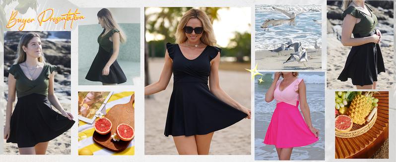 【S-2XL】Tummy Control Tankini Swimsuits for Women V Neck Swimdress Modest Swim Dress Bathing Suit with Boyshorts Outdoorfun