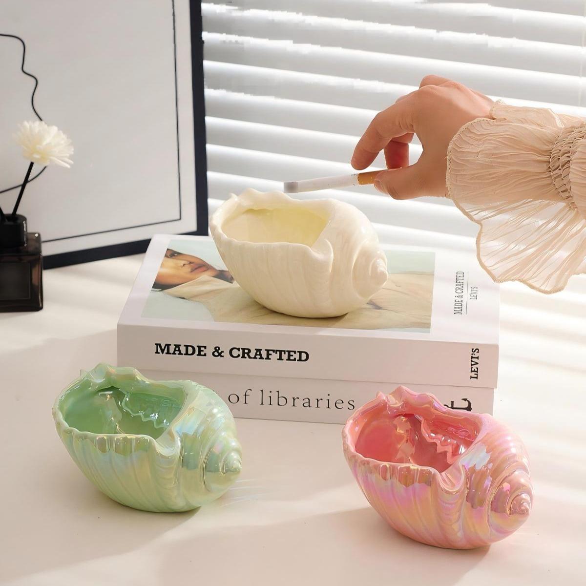 Ceramic Ashtray for Home Living Room, Creative Seashell Design, Transparent Office Ashtray, Decorative Ornament, Home Supplies
