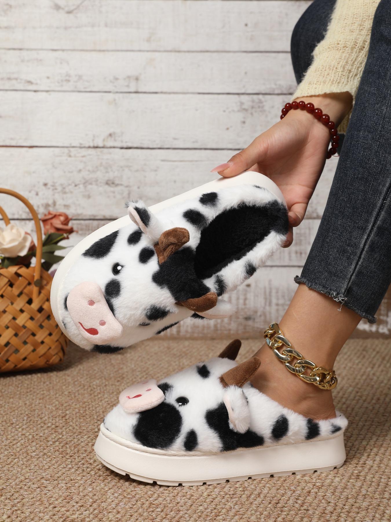 Women's Cute Cow Design Plush Slippers, Warm Bedroom Soft Slippers, Indoor Outdoor Silent Non-Slip Slippers, Casual Animal Pattern,Christmas Gifts For GF