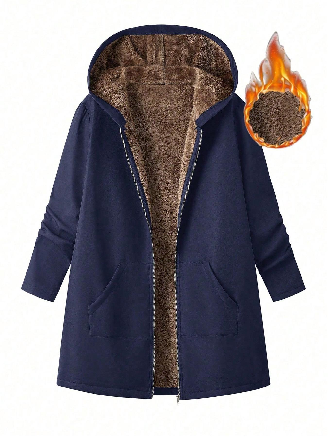 Plus Size Women's Hooded Zipper Jacket, Casual Long Sleeve Plain Coat for Fall & Winter, Loose-Fitting Ladies Outerwear