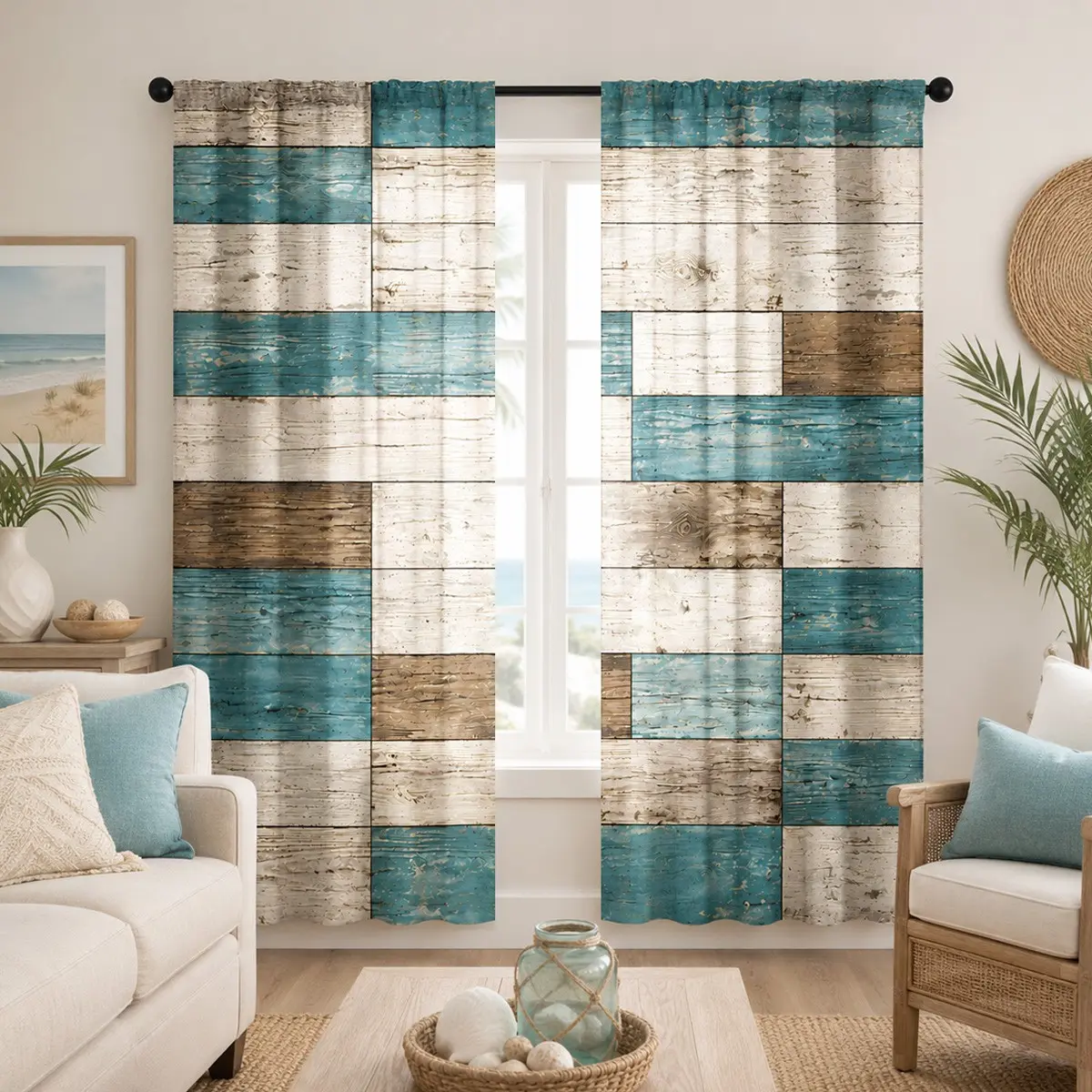 2pcs Blue, brown, and beige vintage wood grain patchwork semi-blackout curtains; American country style faux wood grain patchwork fabric curtains; pocket rod installation; polyester material; suitable for bedrooms, kitchens, studies, etc.