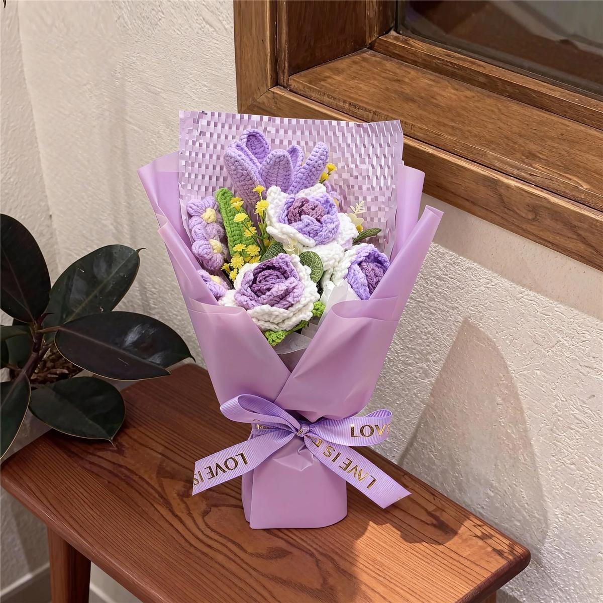 Handmade Crochet Rose Bouquet Yarn Knitted Fake Flowers, Christmas Mother's Day Valentine's Day Wedding Anniversary Gift