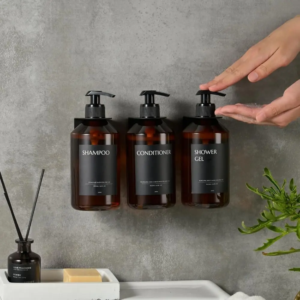 Shampoo and Conditioner Dispenser Set of 3 for Wall Mount,16.9 fl oz Drill Free Shower Soap Bottles with Labels,Refillable Body Wash Dispensers for Bathroom Decor (Amber Bottles + Black Pumps)