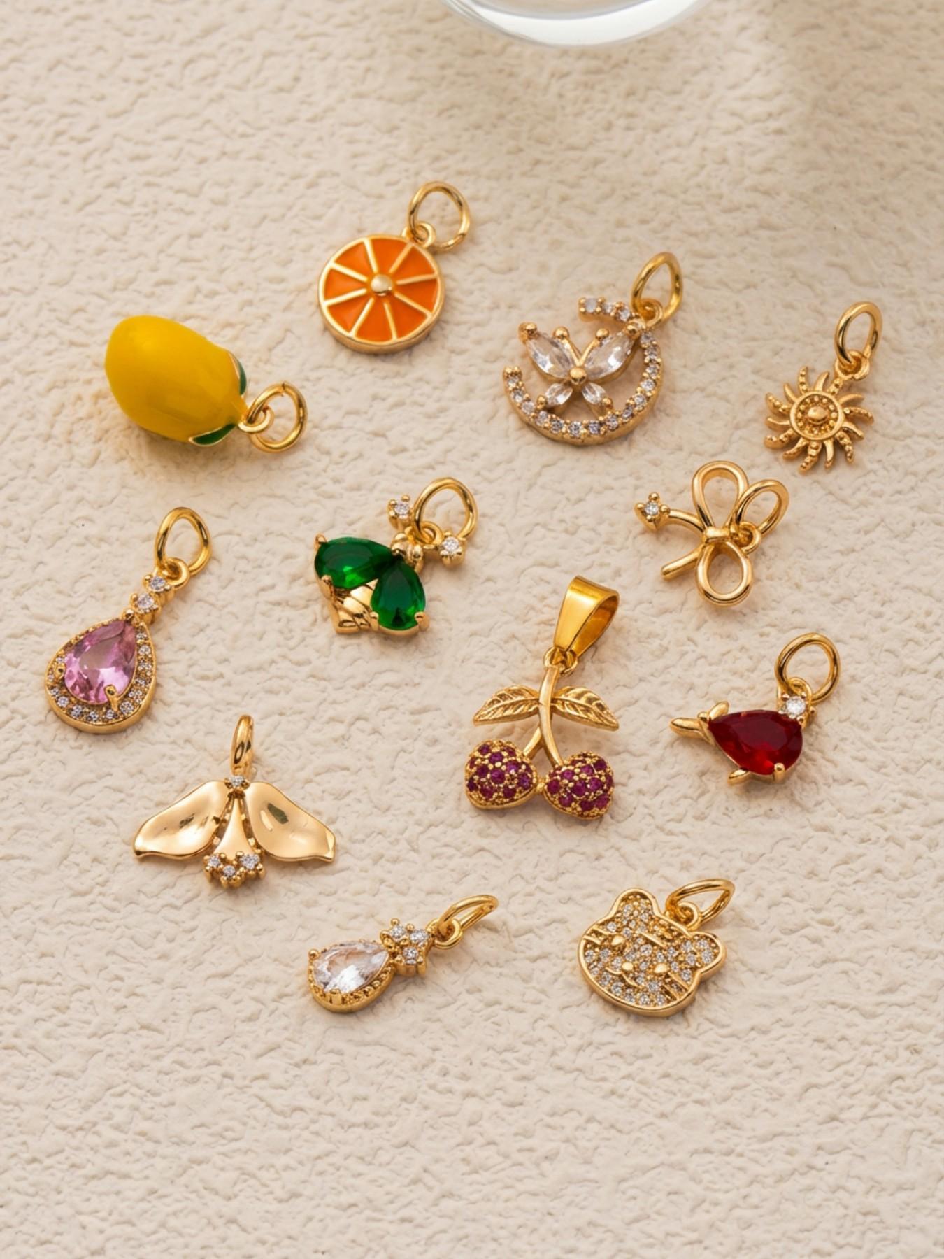 1PC stylish commuter bohemian style pendant, set with synthetic cubic zirconia, featuring a bow, butterfly moon, lemon cherry, and other fruit motifs. Made of 18K gold-plated copper, this DIY fashion accessory is suitable for keychains, bags, and jewelry.