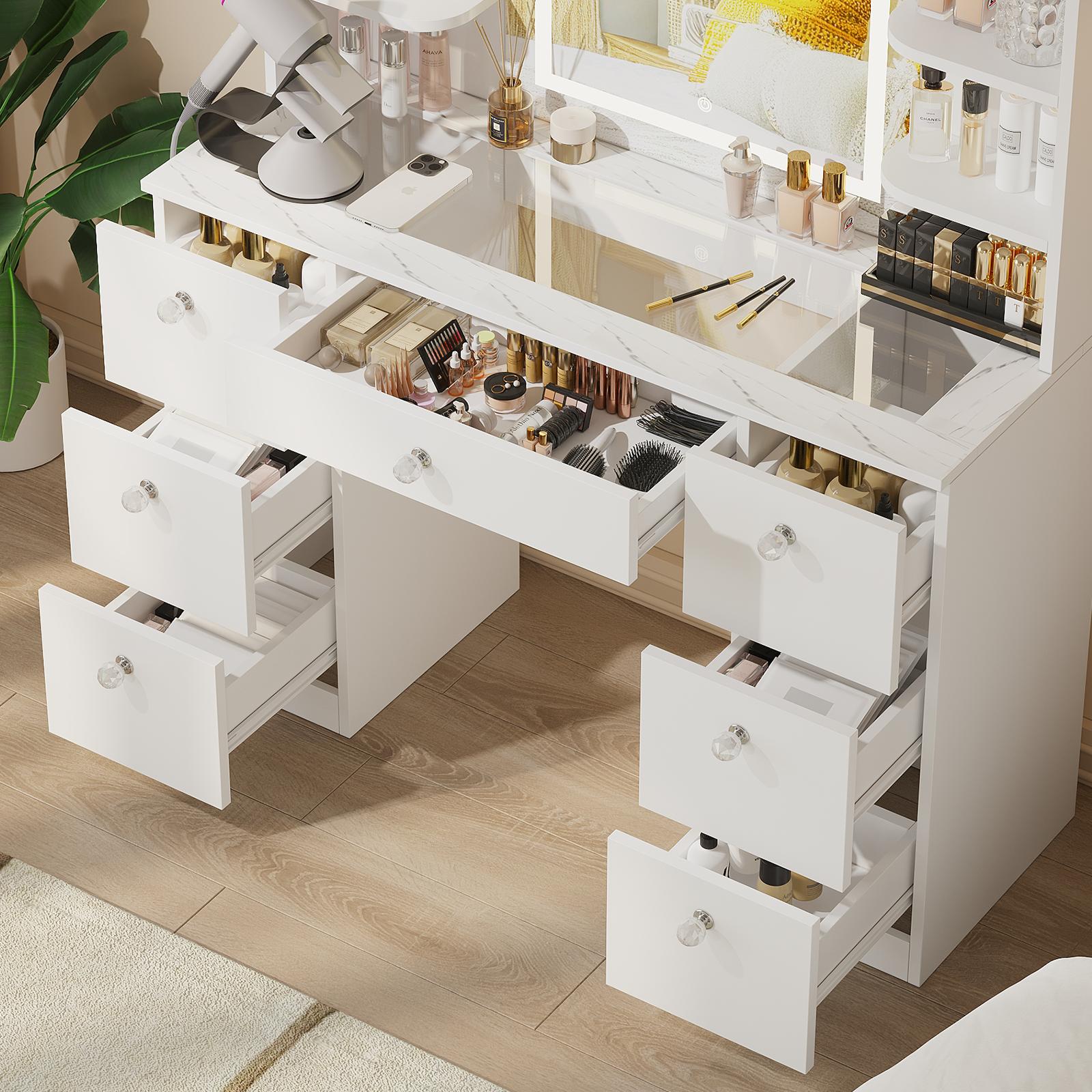 【Assembly video available】VOWNER Modern 55" Tall Makeup Vanity Table Set with 3 Color Lighted Mirror 7 Drawers & Outlet Gift