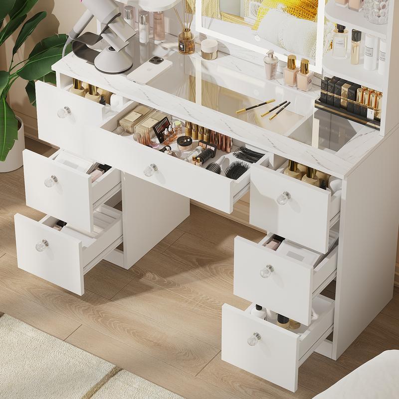 【Assembly video available】VOWNER Modern 55" Tall Makeup Vanity Table Set with 3 Color Lighted Mirror 7 Drawers & Outlet Gift